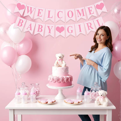 Hahafelt 1 Pcs Blue Gingham Welcome Baby Boy Banner for Baby Shower Party Decorations Pre Strung Gender Reveal Paper Banner for Table, Wall, Mantel Display Party Decor Supplies