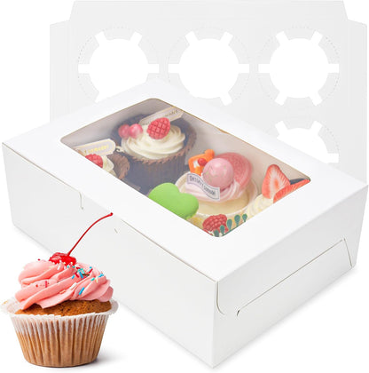 NPLUX 15 Pack Cupcake Boxes with Inserts 6 Holders, White Standard Bakery Boxes with Window Food Grade Cupcake Containers 6 Count for Muffins