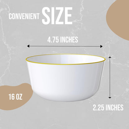 White Gold Rim Disposable Plastic Bowls - 16 Oz, 30 Count - Large, Heavy Duty - Perfect for Weddings & Parties