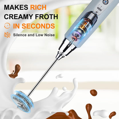 YUSWKO Black Handheld Milk Frother Wand for Coffee, Rechargeable Electric Whisk with 3 Heads 3 Speeds Drink Mixer Coffee Frother For Latte, Cappuccino, Hot Chocolate, Egg