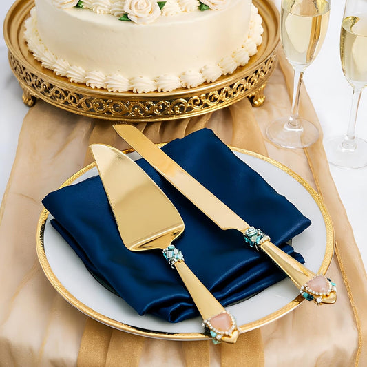 Handcrafted Luxury Gold Wedding Cake Knife and Server Set – Stainless Steel with Crystal & Gemstone Handles, Elegant Gift for Wedding, Anniversary, Engagement, Bridal Shower (blue)