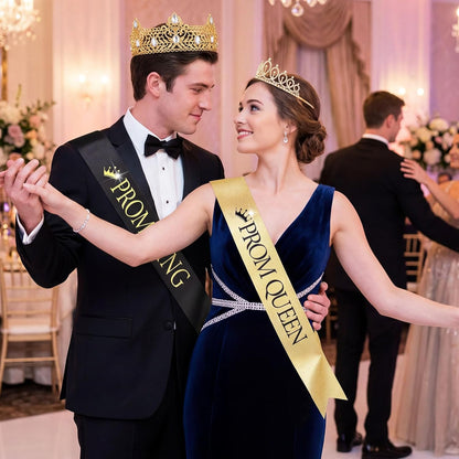 Lyrow 4 Pcs Prom King and Queen Crown Set, Prom King Crown with Sash for Graduation, Queen Tiara with Sash for Grad Couple Accessories Homecoming Birthday Party(Cute,Black,White)