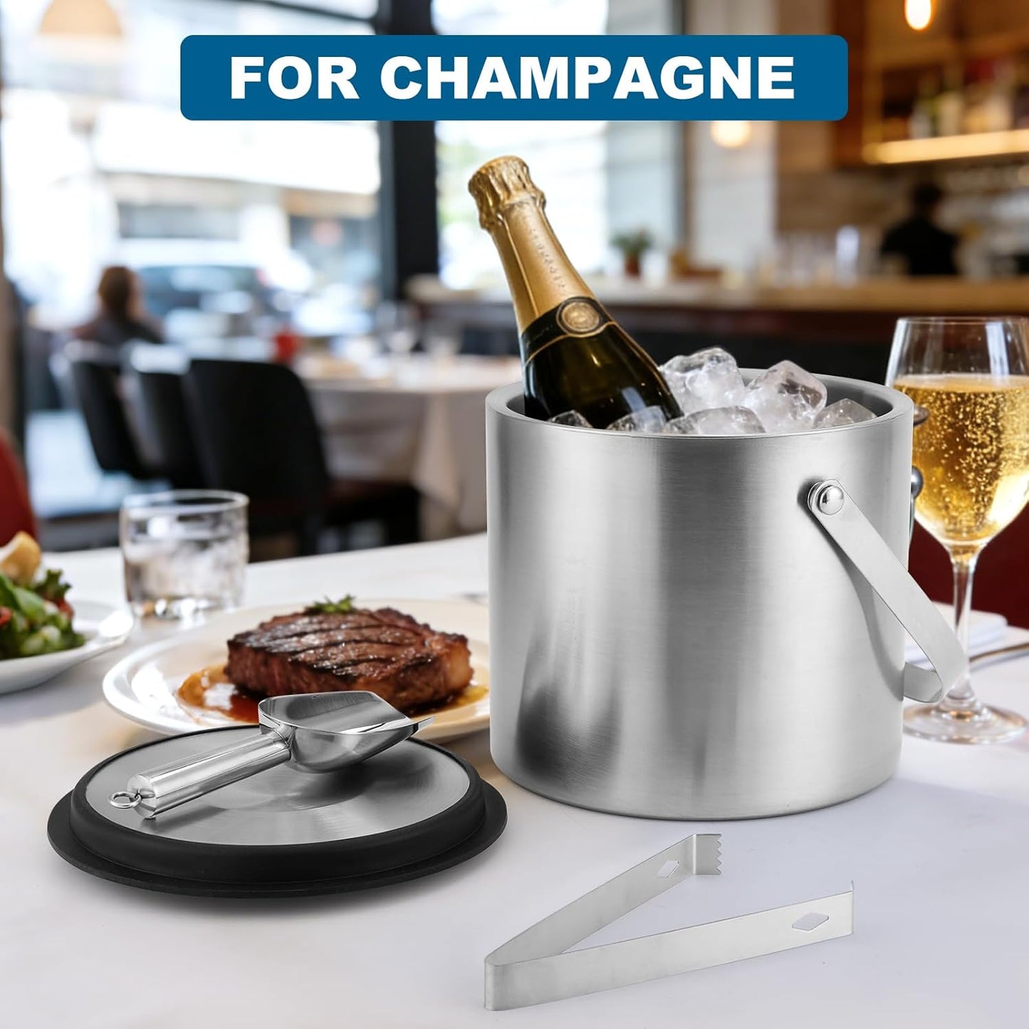 Portable Ice Buckets for Parties,3 Liter Double Wall Ice Bucket with Lid,Scoop,Tongs,Handle,Stainless Steel Ice Container to Keep Ice Frozen Longer- Ideal for Cocktail Bar,Camping,Chilling Beer/Wine