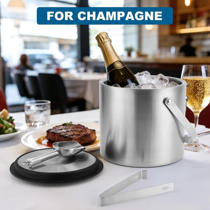 Portable Ice Buckets for Parties,3 Liter Double Wall Ice Bucket with Lid,Scoop,Tongs,Handle,Stainless Steel Ice Container to Keep Ice Frozen Longer- Ideal for Cocktail Bar,Camping,Chilling Beer/Wine