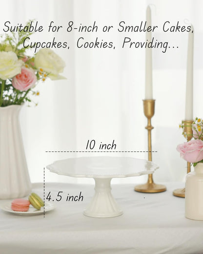 10 Inch Cake Stand, Relief Round Dessert Cake Stand, Ceramic Cupcake Stand for Birthday, Wedding, Baby Shower, Tea Party and Other Celebrations(White)
