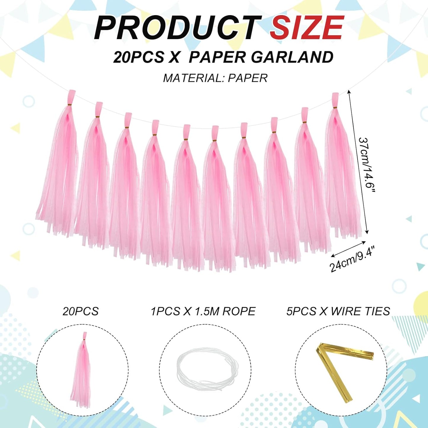 MECCANIXITY 20Pcs Tassel Garland Banner Tissue Paper for Streamers Party Decorations, Valentine's Day Birthday Decor for Women with Rope and Tie Wire (Pink, 14.6Inch)