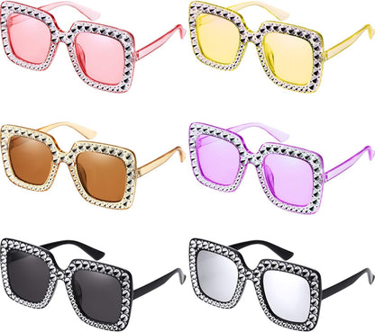 Frienda 6 Pairs Rhinestone Oversized Square Sunglasses 70s Women Dazzled Sunglasses for Disco Party Concert Photo Props