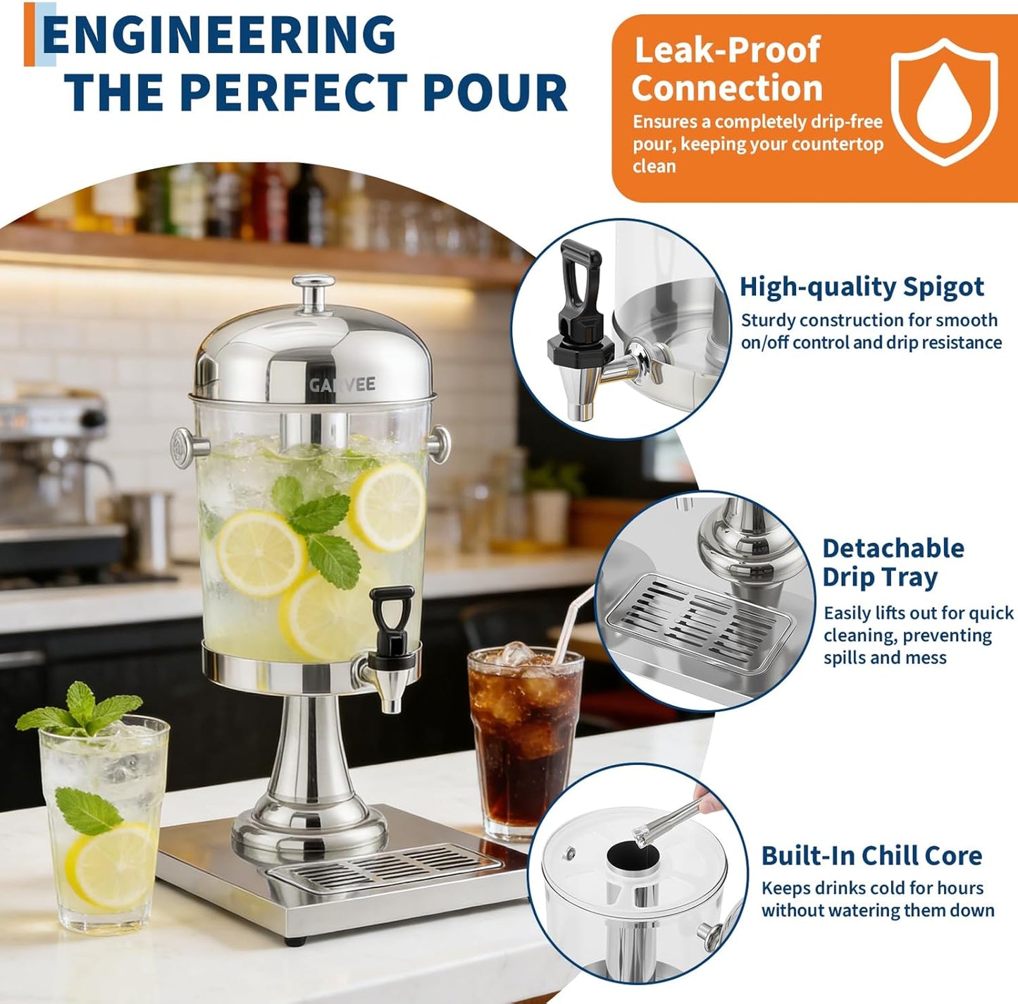 GarveeHome 2.2 Gallon Beverage Dispenser with Ice Core, Stainless Steel Cold Drink Dispenser with Stand, Spigot & Drip Tray for Lemonade, Iced Tea, Juice, Parties, Weddings & Events