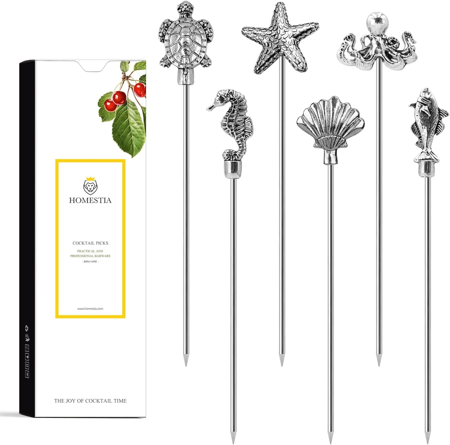 Homestia Stainless Steel Cocktail Picks, 4.7 Inch Reusable Martini Olive Picks, Metal Garnish Skewers for Drinks, Appetizers, Bloody Mary - Set of 6 Metal Cocktail Picks for Party Bar