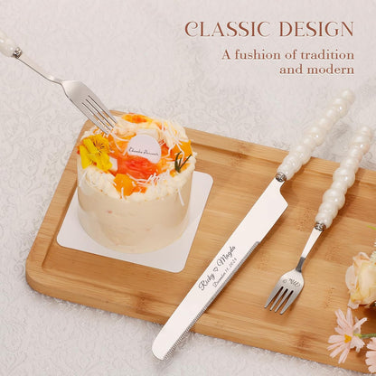 Pearl Wedding Cake Knife and Server Set with Forks, Cake Cutting Set with Stainless Steel Serrated Edges, Silver Pie Cutter Pizza Spatula, Gift for Bridal Couples Engagement (Mr & Mrs)