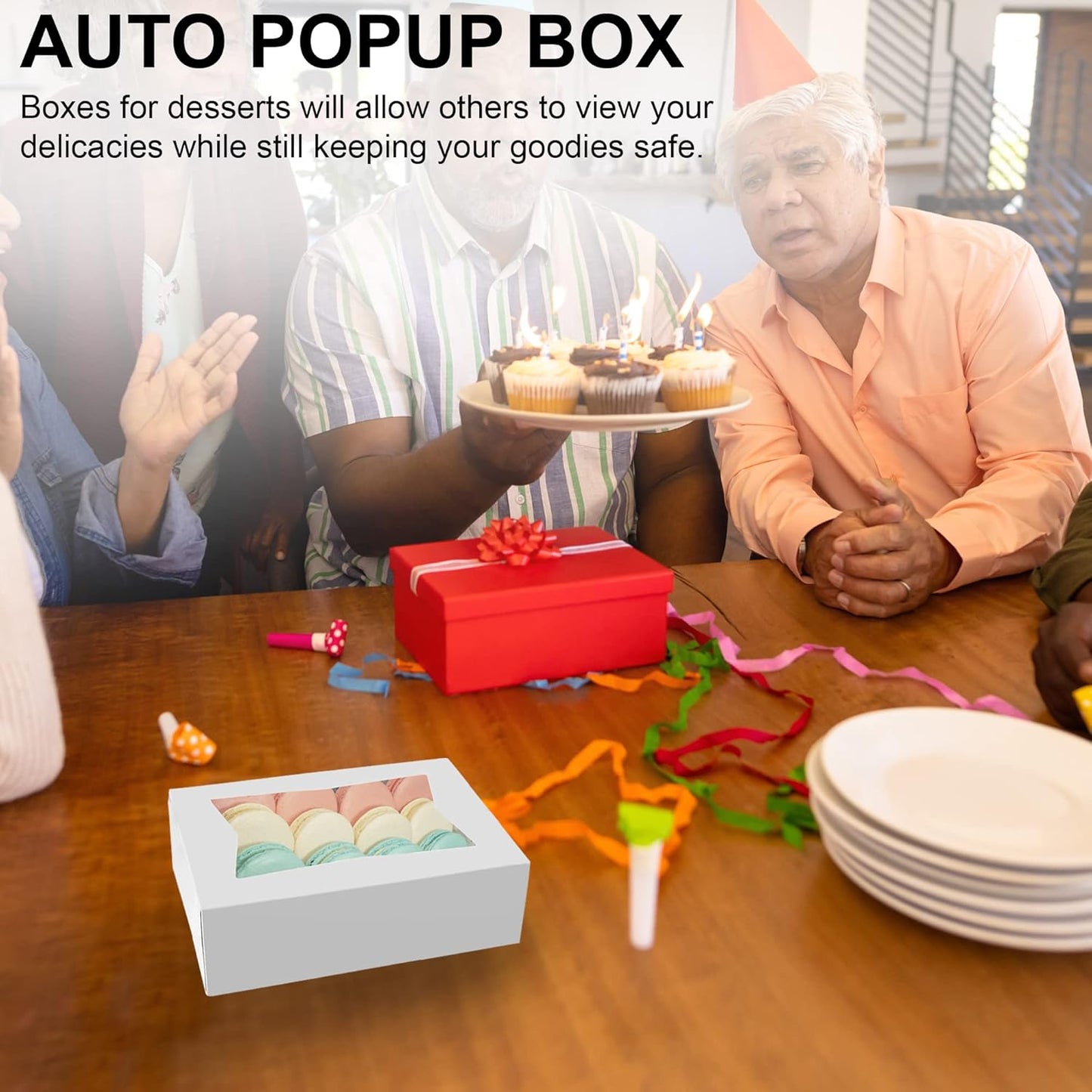 MT Products Cupcake Boxes 8" x 5.75" x 2.5" - Auto Pop-Up Bakery Boxes with Window (Pack of 25) - Made in the USA