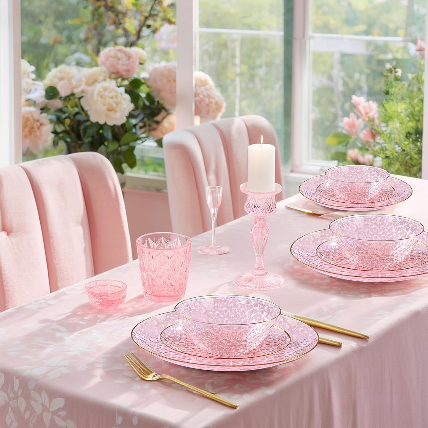 I00000 30 Pack 12 Ounce Pink Plastic Bowls Hammered Clear Bowl with Gold Rimmed, Heavy Duty Disposable Bowl Set,Elegant Salad/Dessert/Ice Cream Small Bowls for Party Weddings