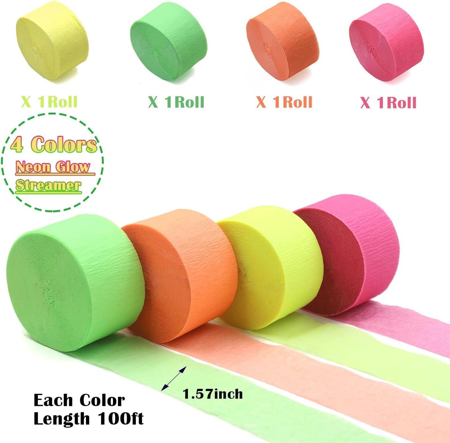 600 feet Glow Crepe Paper Streamers UV Glow Party Neon Streamer Decorations Glow in The Dark Black Light Reactive Fluorescent Neon Paper Party Streamers Wedding Birthday Blacklight Party Supplies