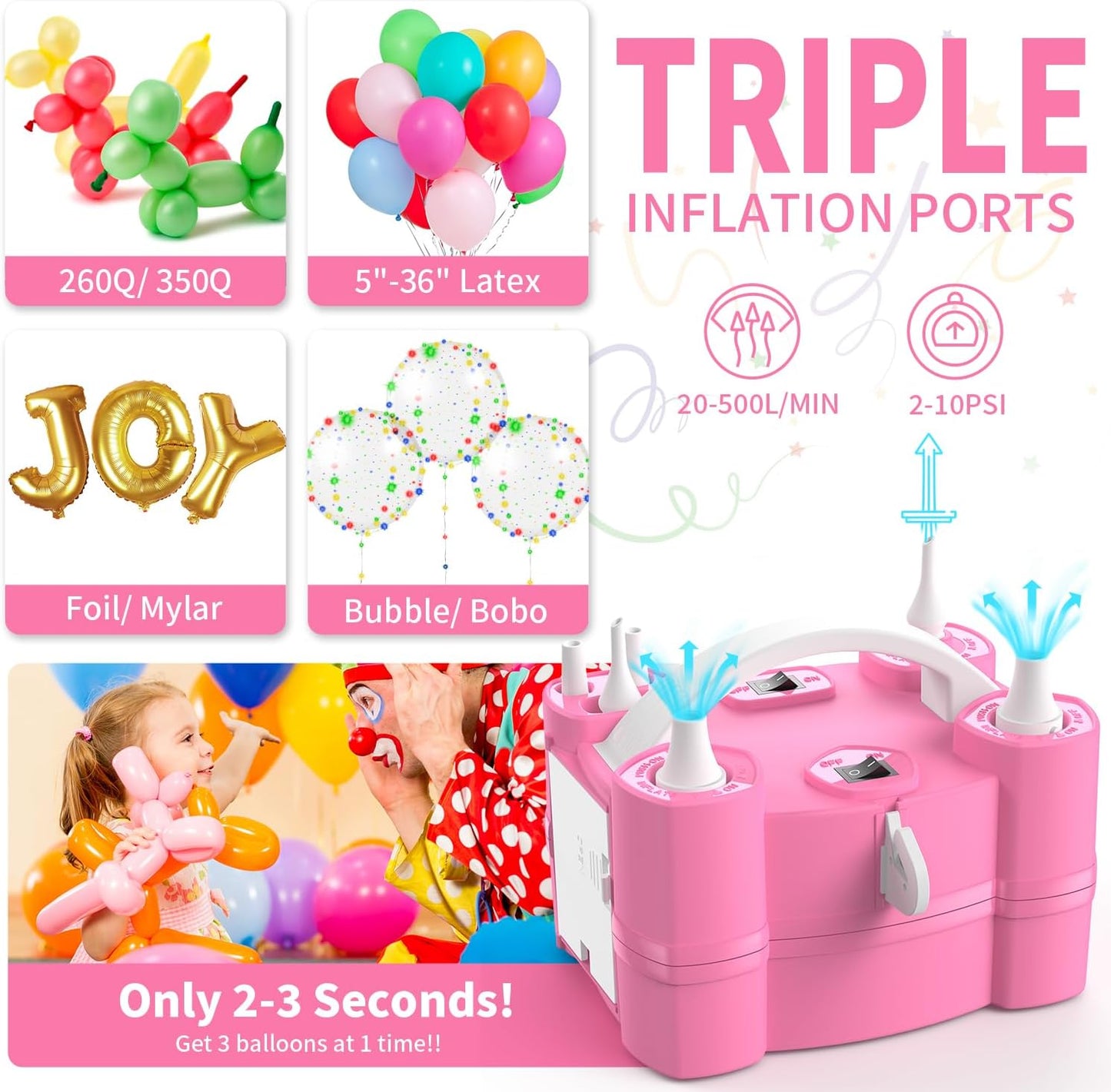 Balloon Pump 3-in-1 Electric Air Pump for All Balloons& Inflatables, Triple Inflating Ports for Latex 260q Foil Mylar Balloon Inflation, Quick-Fill Inflator Deflator for Pool Floats Air Beds