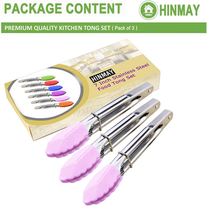 HINMAY Small Tongs with Silicone Tips 7-Inch Mini Serving Tongs, Set of 6 (Green Red Blue Purple Pink Orange)