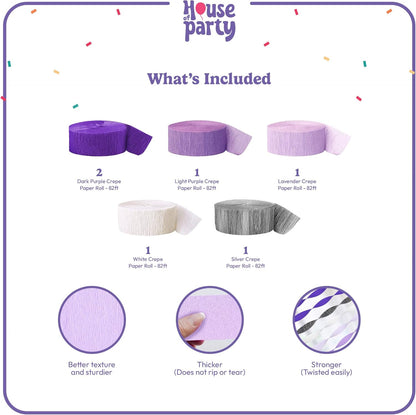 HOUSE OF PARTY Blue Skies Crepe Paper Streamers 6 Crepe Paper Rolls 492ft (1.8 Inch x 82 Ft/Roll) - Pack of 4 Shades of Blue, 1 Silver, 1 White Streamers Party Decorations