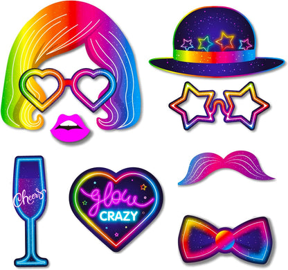 25pcs Glow Neon Photo Booth Props with Stick, Photo Props for Birthday Let's Glow Themed Neon Glow in The Dark Disco Black Light Party Decoration Supplies