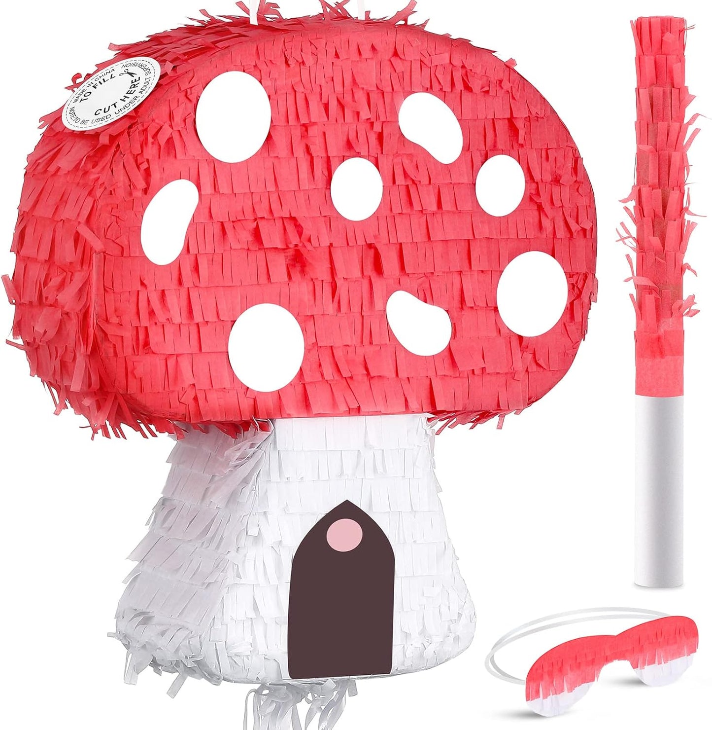 Charniol Mushroom Pinata with Stick and Blindfold, Paper, Baby Shower, Fantasy Theme Decoration
