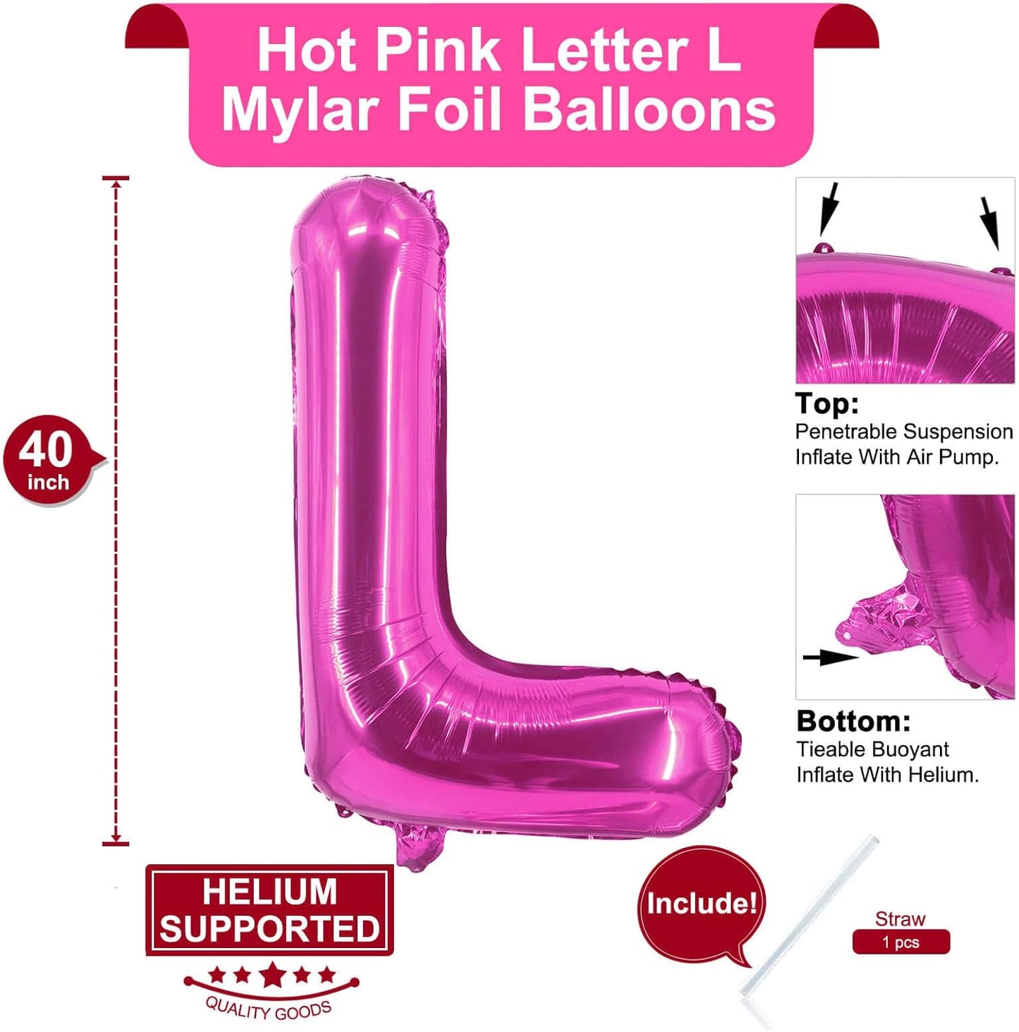 Lovoir 40 Inch Large Hot Pink Letter A Balloons Big Size Jumbo Mylar Foil Helium Balloon for Birthday Party Celebration Decorations Alphabet Hot Pink A