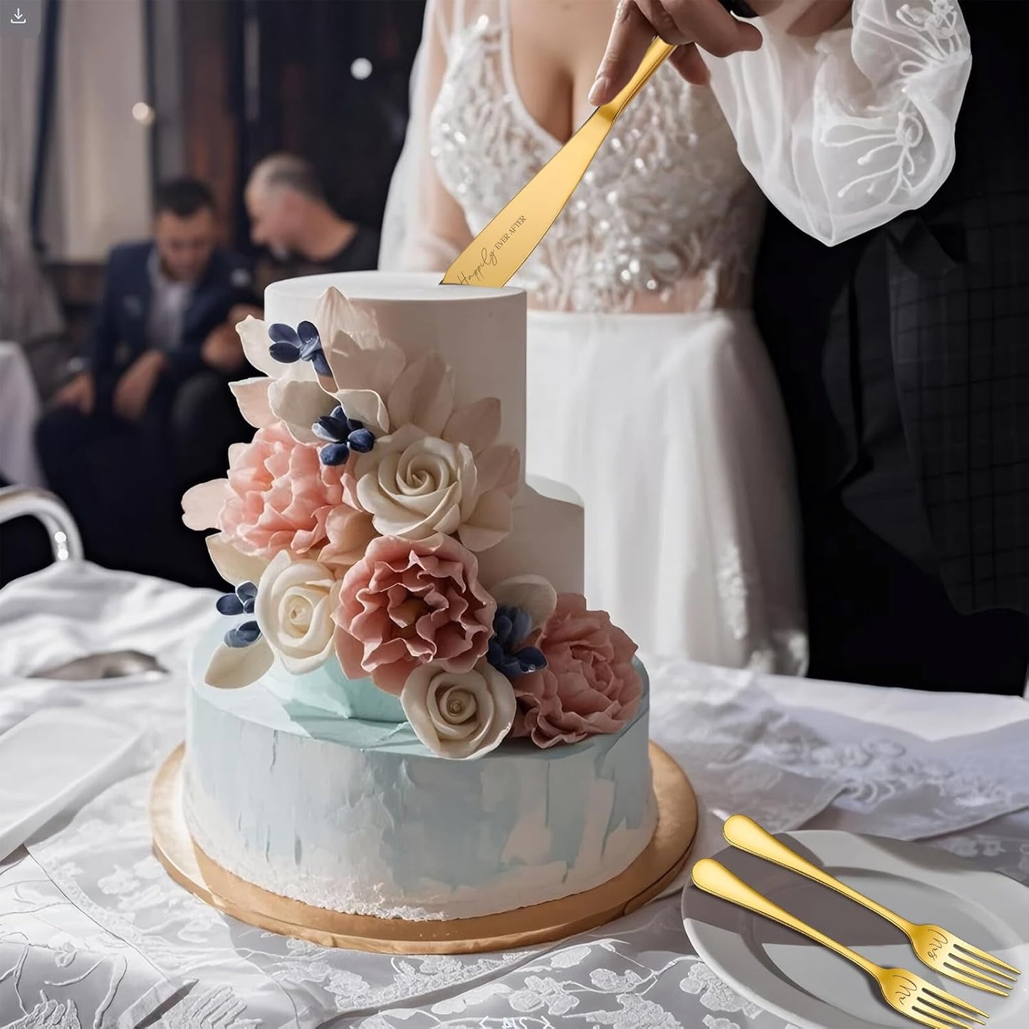 Wedding Cake Knife and Server Set, 4 Pack Stainless Steel Cake Cutting Knife, Slicer and Forks Server for Wedding, Anniversary, Birthday(Silvery)