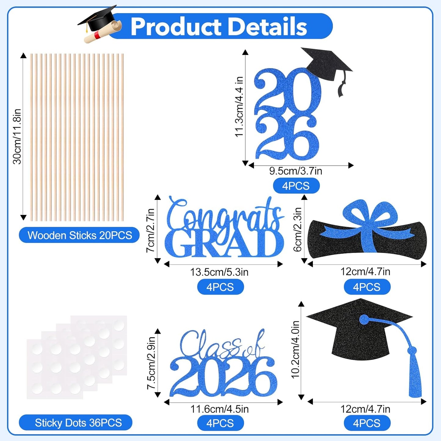 Graduation Decorations 2026, 20 PCS Sparkling Black Double-Sided Centerpiece Sticks for Tables, Class of 2026 Table Toppers and Party Supplies