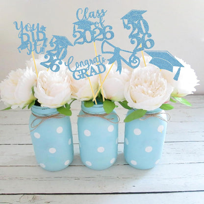 Graduation Centerpiece Sticks 24PCS Glitter Grad Picks Party Table Decor Senior High School College Sign Gold
