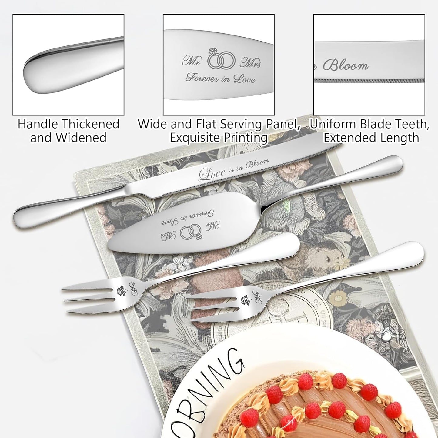 Wedding Cake Knife and Server Set, Stainless Steel Cakes toppers with Forks, Engraved Cake Cutting Set, Cutter Pie Spatula for Engagement, Birthday, Party, Christmas, Anniversary (Silver)