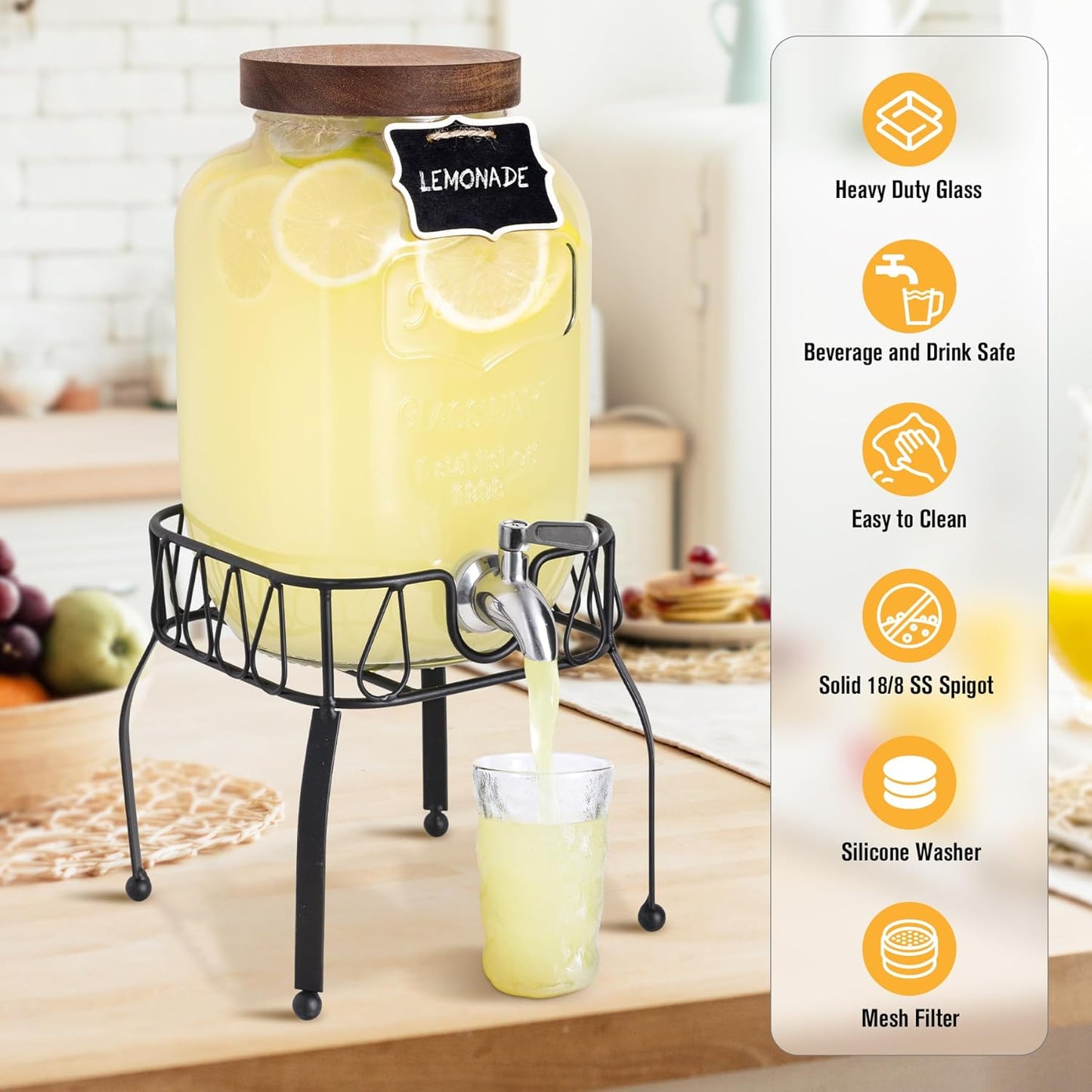 mustry Glass Drink Dispenser for Parties, 1 Gallon Beverage Dispenser with Stand and Spigot Solid Stainless Steel, Used as Lemonade Dispenser Sun Tea Jar Kombucha Jar, Set of 2
