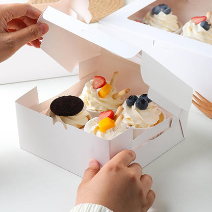 MUMULULU 8 PCS White Paper Cupcake Boxes with 4 Cavity Cookie Gift Boxes with Clear Window 4 Treat Holder Cupcake Containers Bakery Cake Box for Birthday Party Bakery Supplies