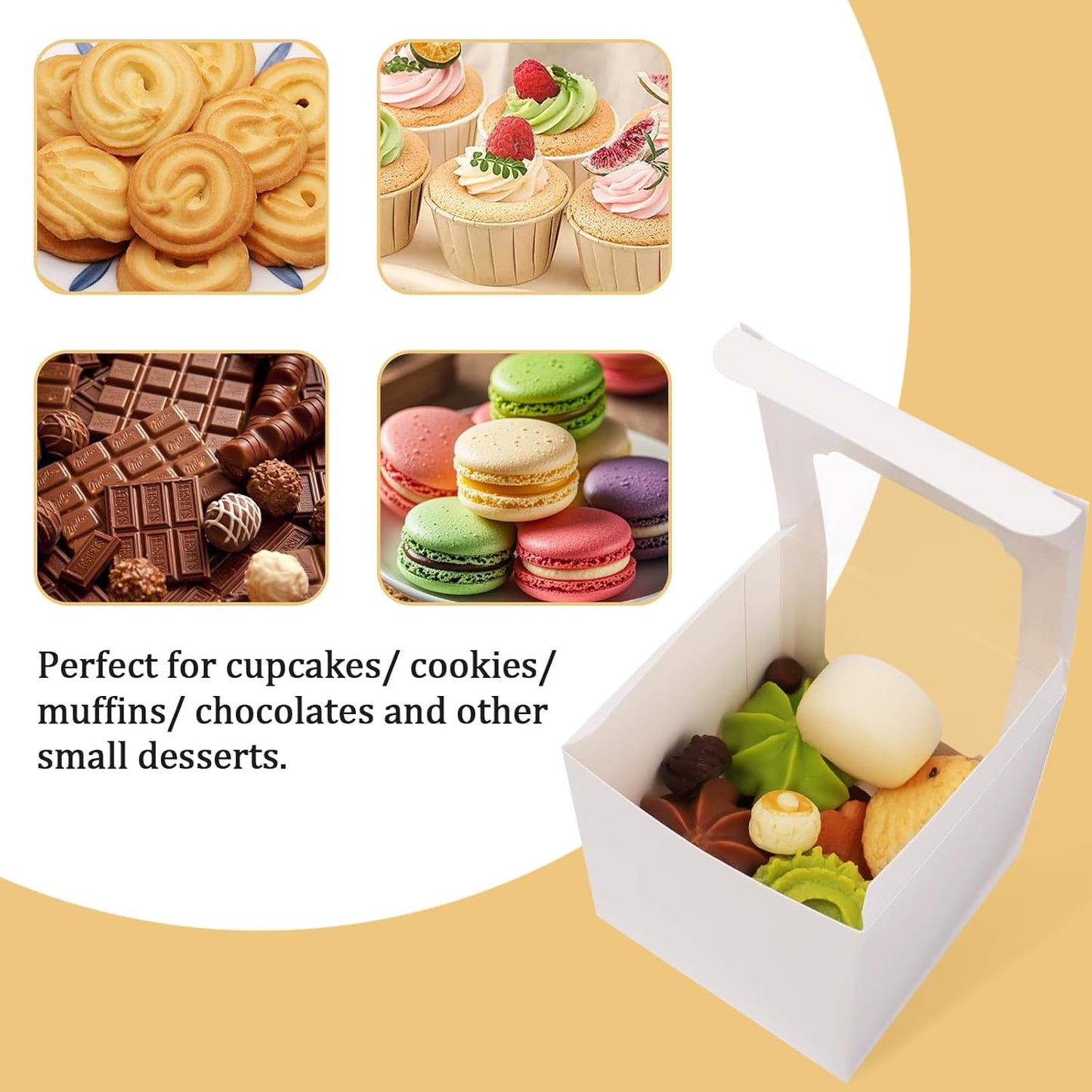 25 Pack Cupcake Boxes, White Paper Containers with Transparent Window and Built-in Dividers, Foldable 3.5"x3.5"x3.5" Cake Holders for Wedding and Party Favorsb
