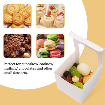 25 Pack Cupcake Boxes, White Paper Containers with Transparent Window and Built-in Dividers, Foldable 3.5"x3.5"x3.5" Cake Holders for Wedding and Party Favorsb