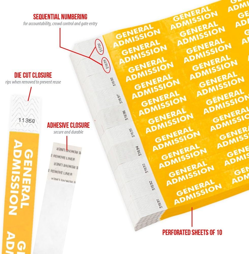500 WristCo Gold General Admission Tyvek Wristbands for Events - ¾” x 10” - Waterproof Recyclable Comfortable Tear Resistant Paper Bracelets Wrist Bands for Concerts Festivals Admission Party