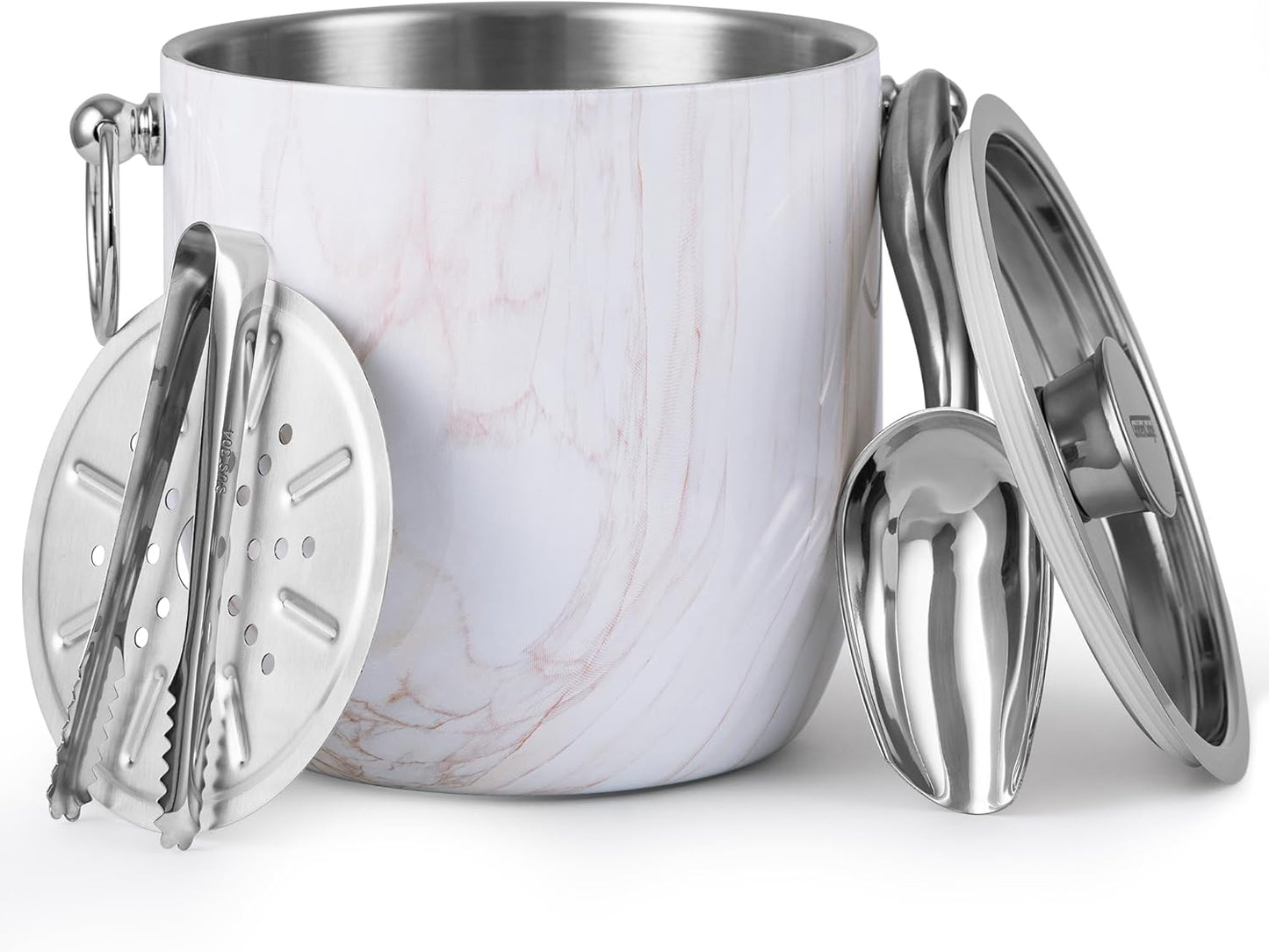 Insulated Ice Bucket, 3L Double Wall Stainless Steel Ice Bucket with Tongs,Lid, Scoop and Strainer, Ice Buckets for Parties,Cocktail Bars, Chilling Beer, Champagne, Wine Bottles,Wood