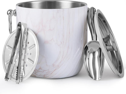 Insulated Ice Bucket, 3L Double Wall Stainless Steel Ice Bucket with Tongs,Lid, Scoop and Strainer, Ice Buckets for Parties,Cocktail Bars, Chilling Beer, Champagne, Wine Bottles,Wood