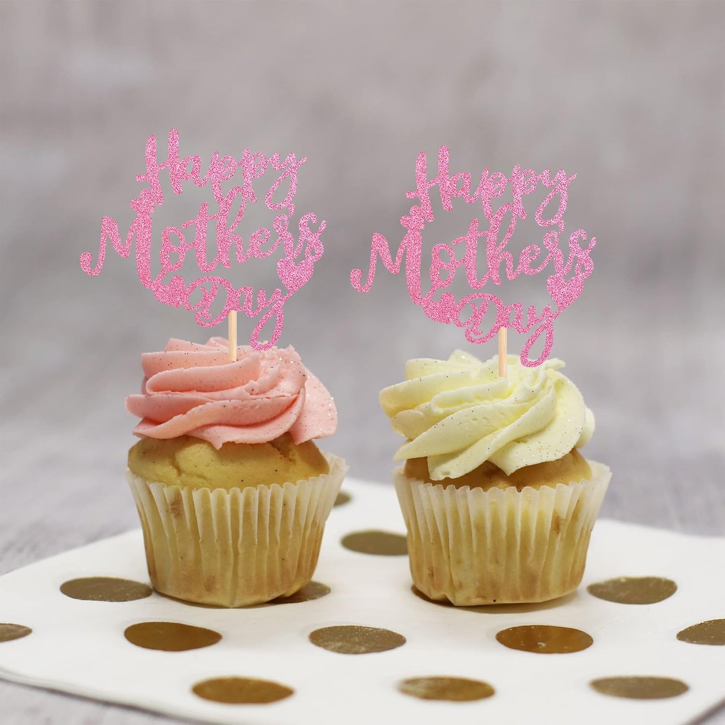 24 PCS Happy Mother's Day Cupcake Toppers with Glitter Heart Love Mother Best Mom Cupcake Picks for Happy Mother's Day Theme Women Birthday Party Cake Decorations Supplies Rose Gold