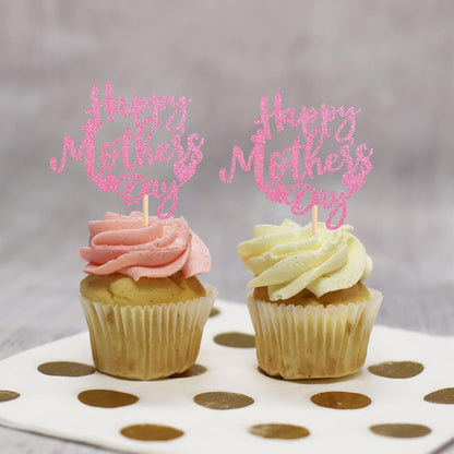 24 PCS Happy Mother's Day Cupcake Toppers with Glitter Heart Love Mother Best Mom Cupcake Picks for Happy Mother's Day Theme Women Birthday Party Cake Decorations Supplies Rose Gold