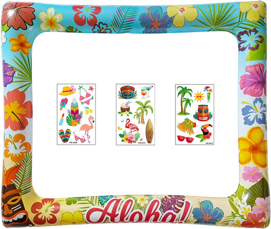 Hawaii Luau Photo Booth Props Inflatable Selfie Frame with 3 Sheets Temporary Tattoos-27.9x23.2 Inch Hawaiian Photo Booth Props Luau Photobooth Frame for Tropical Summer Beach Party Decorations