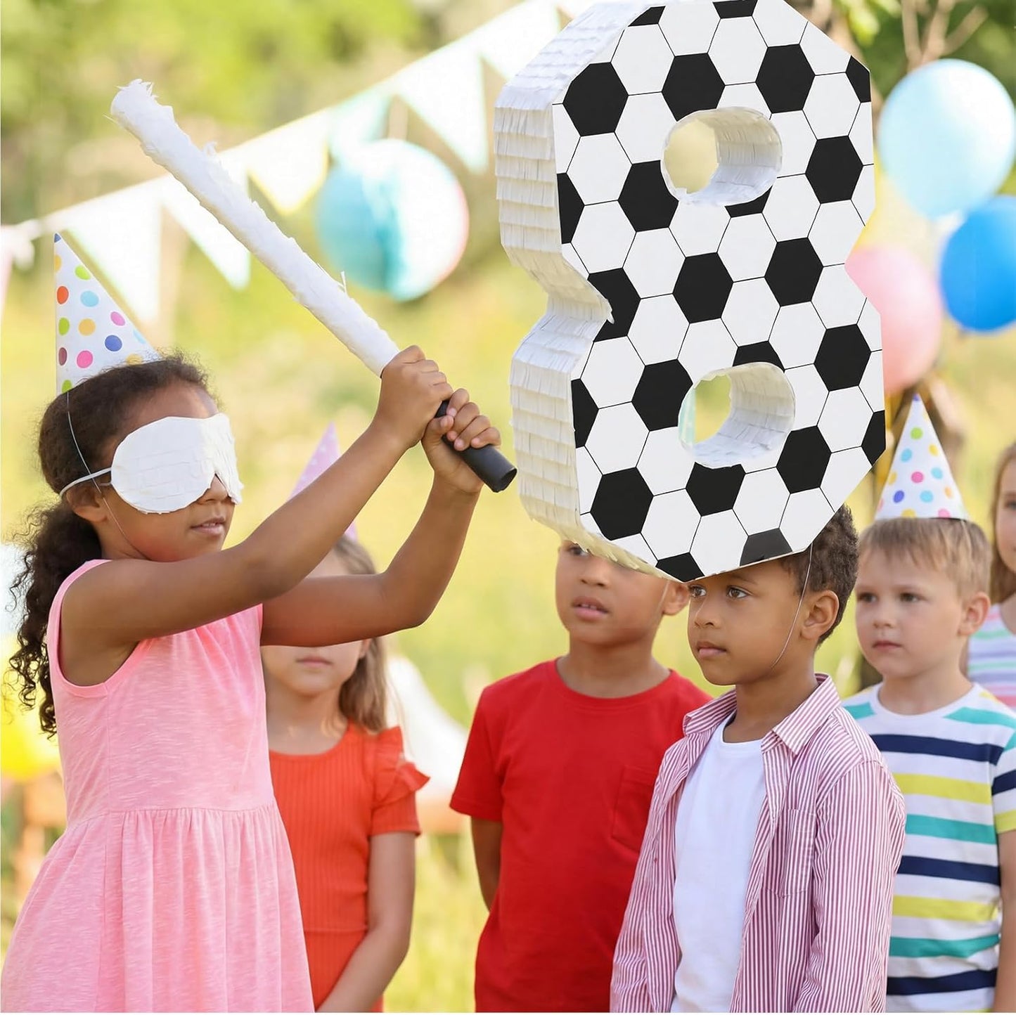 Gemscream Number 9 Soccer Piñata Bundle with Blindfold and Stick Small Piñata Party Decoration for Mexican Fiesta Cinco De Mayo School Anniversary Football Party Celebration Gift 15.75 x 11 x 2.8 in