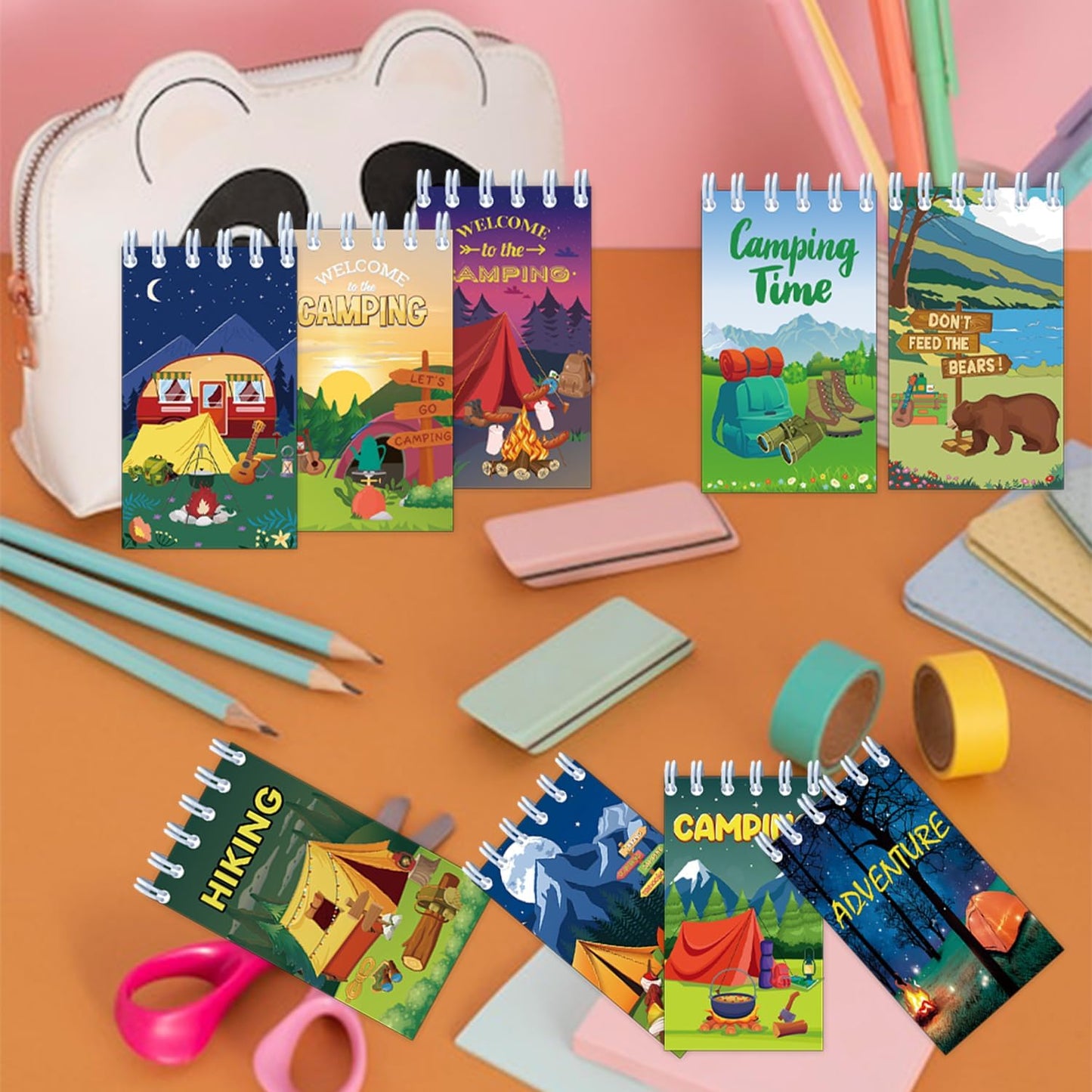 24PCS Camping Party Favors Camper Adventure Mini Spiral Notepads Candy Wild Adventure Camping Small Notebooks for Kids Summer Sleepaway Party Favors Forest Nature Hiking Party Gifts