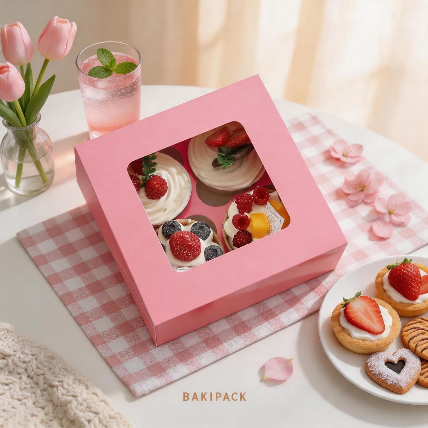 25 Pink Cupcake Boxes, Cupcake Boxes 6 Count with Window and Inserts, Mother's Day Cupcake Holders for Cupcakes, Muffins, Cookies