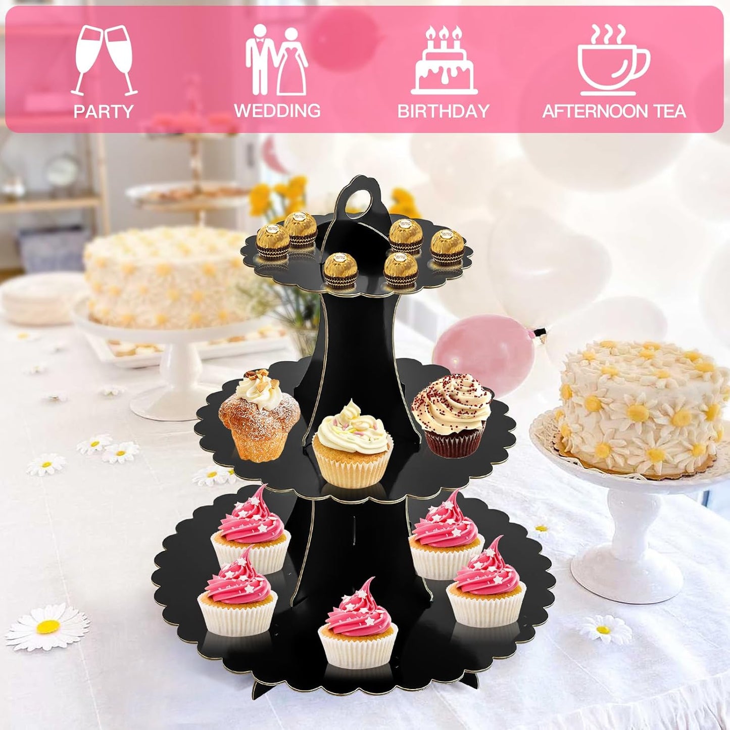 Soleebee 3-Tier Cupcake Stand, Cardboard Cupcake Tower, Dessert Cup Cake Stand Tower for Birthday Wedding Party Decoration, Cupcake Tier Stand 1 Set (Black)
