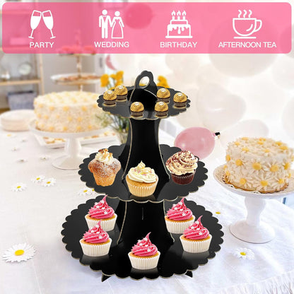 Soleebee 3-Tier Cupcake Stand, Cardboard Cupcake Tower, Dessert Cup Cake Stand Tower for Birthday Wedding Party Decoration, Cupcake Tier Stand 1 Set (Black)