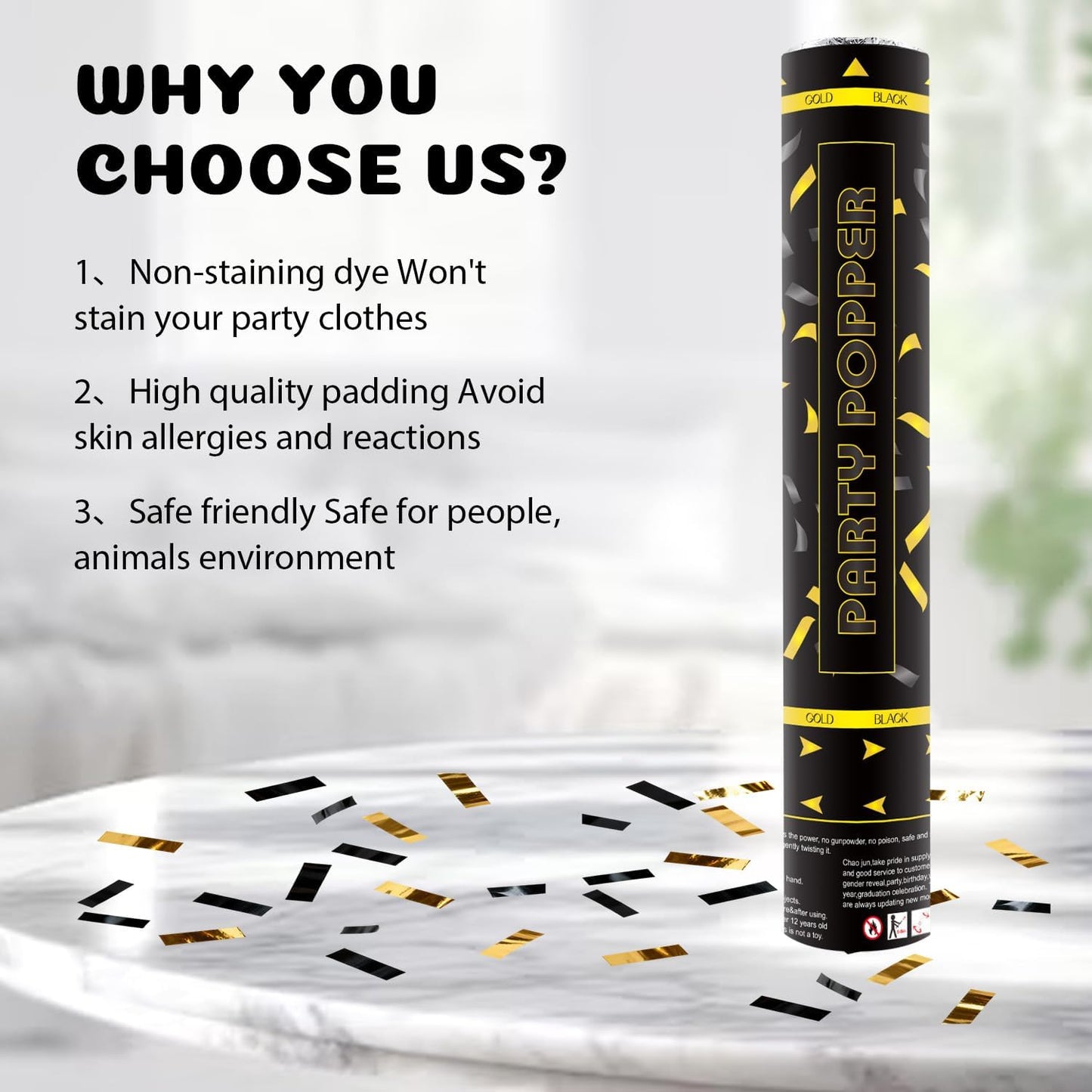 Confetti Poppers 12 Pack Confetti Cannon Black and Gold Party Confetti 12 inch Metallic Foil Golden Black Confetti Party Poppers Confetti Shooters for Birthday Wedding Graduation Christmas New Year