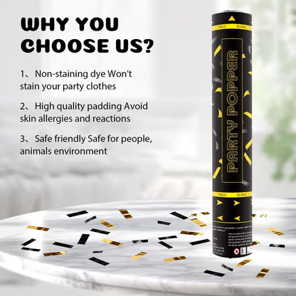 Confetti Poppers 12 Pack Confetti Cannon Black and Gold Party Confetti 12 inch Metallic Foil Golden Black Confetti Party Poppers Confetti Shooters for Birthday Wedding Graduation Christmas New Year