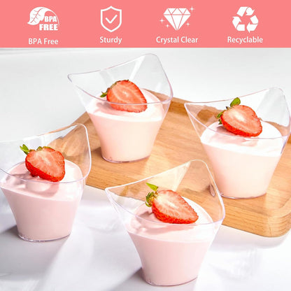 50 Pack Mini Slanted Dessert Cups with Spoons - 2.2 oz Plastic Parfait Cups Reusable Shooter Glasses Small Serving Cups for Tasting Party Desserts Appetizer