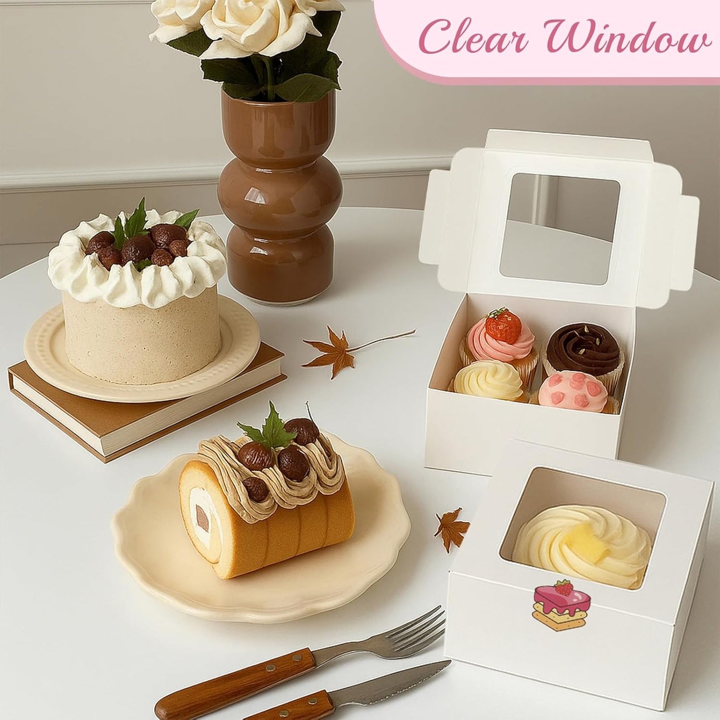 OAMCEG 50 PCS Cupcake Boxes with Window, 6x6x3 Inch Cookie Boxes, Bakery Treat Boxes for Pastry, Dessert, Chocolate Strawberries, Cupcake Containers, Gift Giving with Stickers & Twine （Brown）
