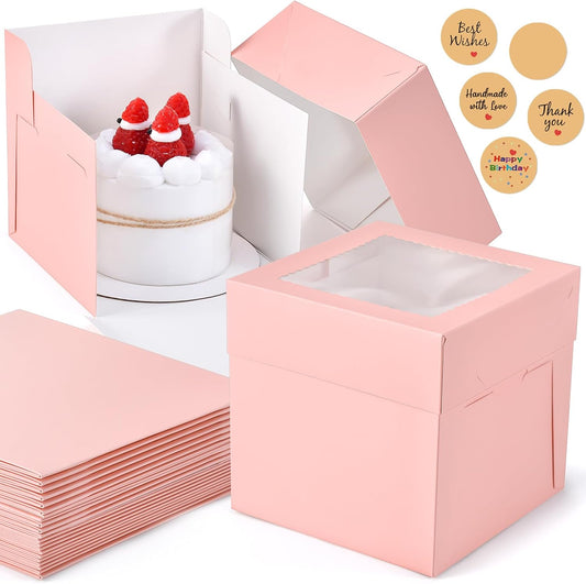 12Pcs 8x8x8 Inches Cake Boxes, Pink Square Bakery Boxes with Window, Disposable Cake Carrier Container for Pastries, Pie, Cookies, Chocolates, Cupcakes, Birthday Party, Wedding