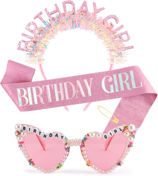 Atoden Birthday Girl Sash Glitter Headband Tiara Crown Sunglasses Pink Happy Birthday Decorations Party Favors Accessories for Adult Women Princess Outfits Gifts
