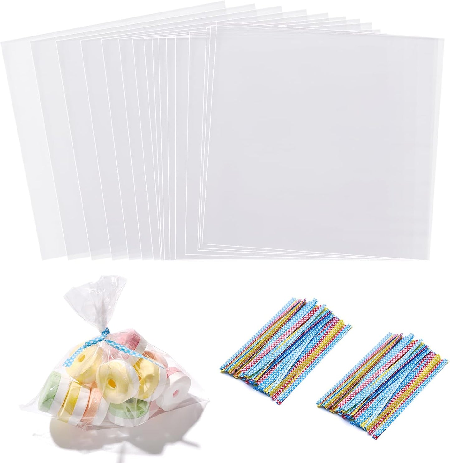 100 Pcs 10 in x 6 in Clear Flat Cello Cellophane Treat Bags Good for Bakery, Cookies, Candies,Dessert(by Brandon)1.4mil.Give Metallic Twist Ties!
