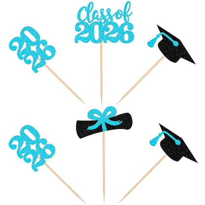 36 PCS 2026 Graduation Theme Cupcake Toppers Glitter Class of 2026 Grad Cap Diploma Cupcake Picks 2026 Graduation Theme Party Cake Decorations Supplies Deep Blue